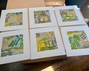 Ensemble de six impressions beaux-arts de paysages sur toile, papier chinois, avec passe-partout (elles ne sont pas encadrées)