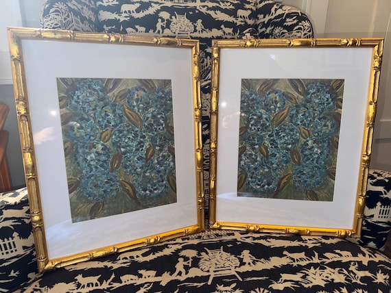 Pair of Fine Art Impressionistic Hydranges Matted in White and Framed in Golded Gold Bamboo