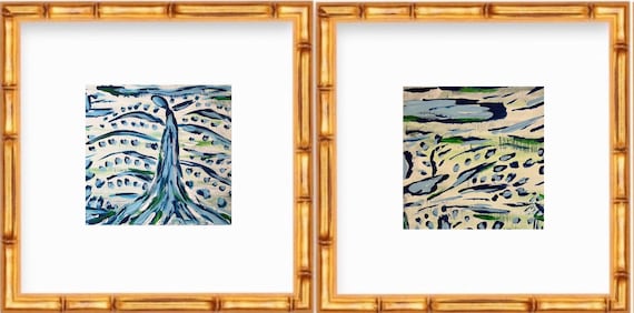 Chinois Landscape Prints: Pair Matted Canvas Paper Giclée Art (these come unframed)