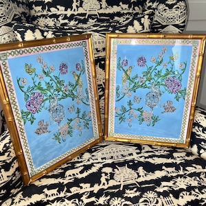 Chinoiserie Songbird Art Prints: Gold Bamboo Frames, Pair 12x15