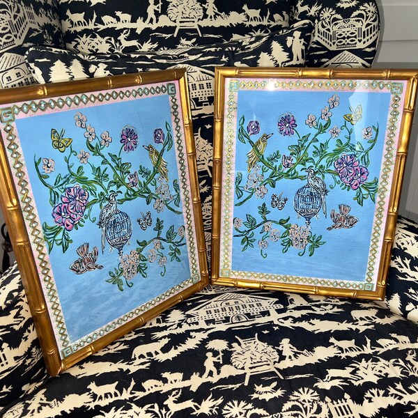 Antique Gold Bamboo Framed Art Etsy