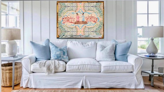 LARGE Fine Art Canvas Paper Chinois Kitsch Gicleè Print in Gold Bamboo Frame