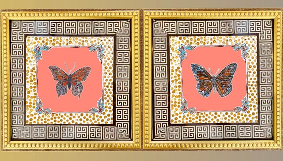 Butterfly Art Print Pair: Floral Motif, Gold Beaded Frames (13x13)