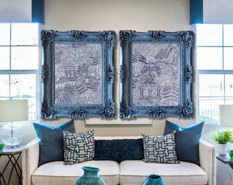 Pair of LARGE Chinoiserie French Blue Toile Style Canvas Gicleès Framed in Wooden Ornate Frames