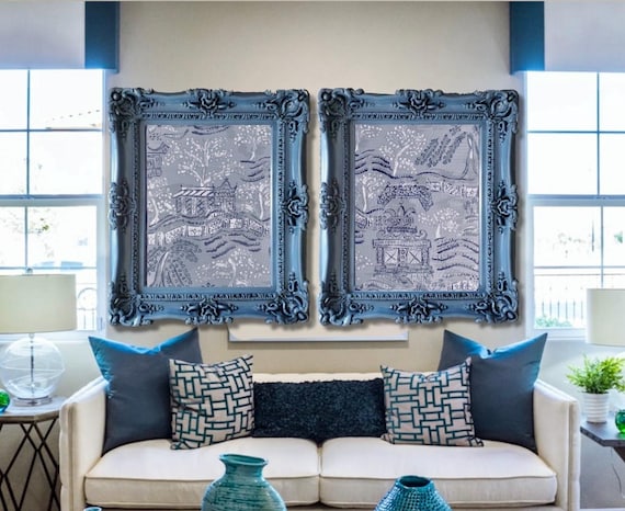 Pair of LARGE Chinoiserie French Blue Toile Style Canvas Gicleès Framed in Wooden Ornate Frames