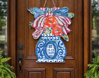 Colgante de puerta grande RWB con diseño floral en tarro de jengibre (NO incluye lazo)