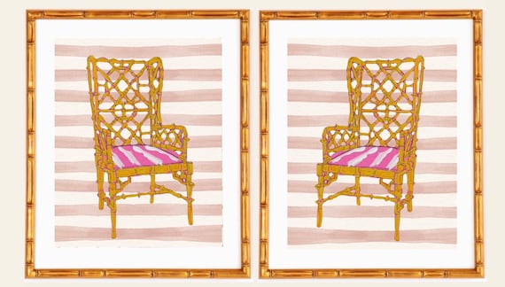 Chinoiserie Bamboo Chair Art Prints: Gold Bamboo Frames, Set of 2