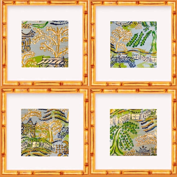 Chinois Landscape Prints: Set of Four Matted Canvas Paper Giclee Art (these come unframed)