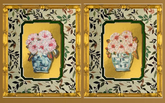 Pair of Fine Art Posh Florals in Vase Prints Matted and Framed