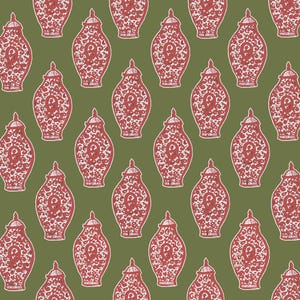 May include: Repeating pattern of red and white decorative jars with lids on a green background. The jars have a detailed floral design. The pattern is suitable for fabric, wallpaper, or other decorative applications.