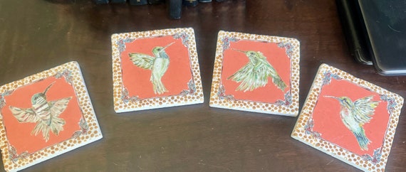 Set of Four Travertine Marble 4”x4” Hummingbird Coasters