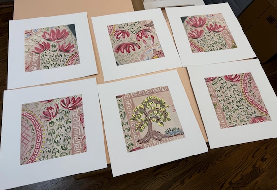 Chinois Landscape Art Prints: Set of Six Matted Canvas Paper Giclée (12x12) …come unframed