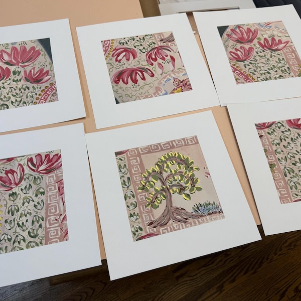Chinois Landscape Art Prints: Set of Six Matted Canvas Paper Giclée (12x12) …come unframed