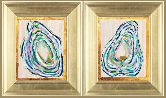 Gilded Gold Oyster Print Set: Coastal Wall Art in Silver Frames