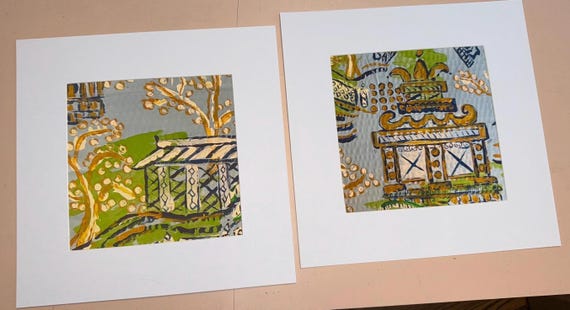 Chinois Landscape Prints: PAIR of Matted Canvas Paper Giclee Art (these come unframed)
