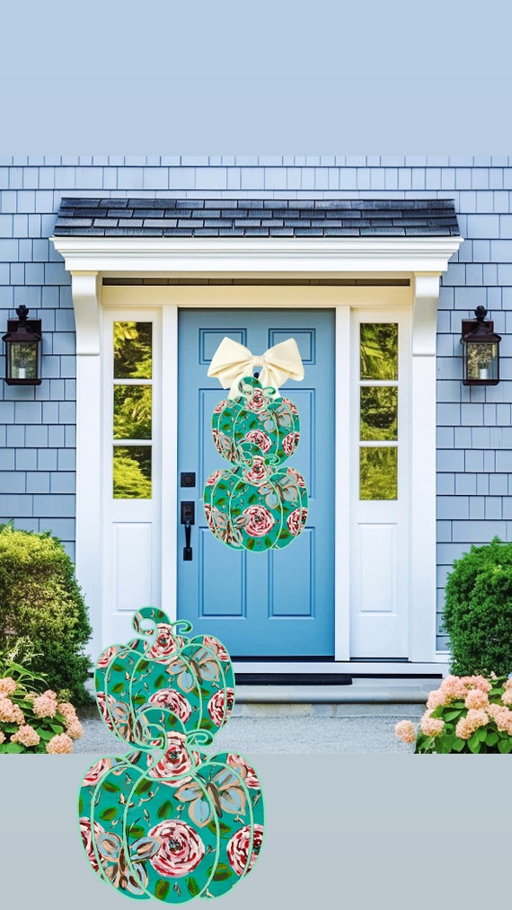 Floral Tiered Pumpkin Door Hanger: Blue & White Fall Decor