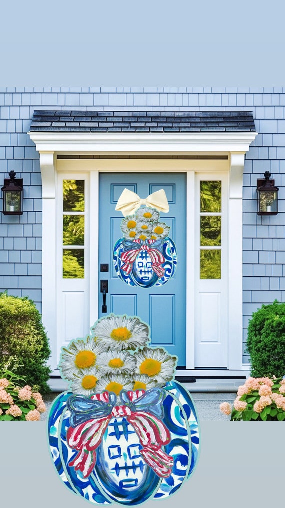 LARGE Door Hanger Red, White, and Blue Summer White Daisies in Ginger Jar