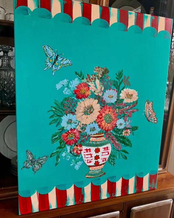 Original Floral Acrylic Painting: Butterflies & Vase, 24x30 Canvas
