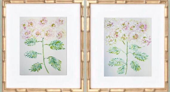 Floral Botanical Giclee Print Set: Gold Bamboo Frames, Signed Art