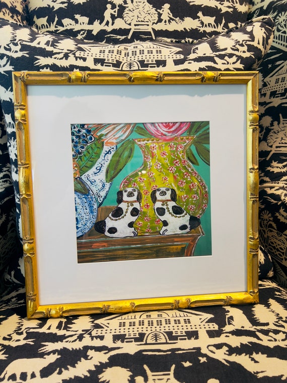 Staffie Dogs Art Print: Gilded Bamboo Frame, Matted Canvas Paper