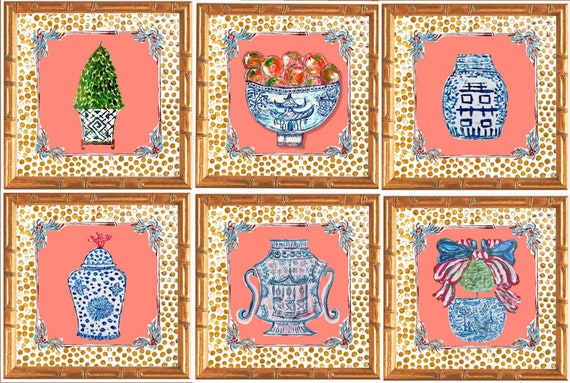 Ginger Jar Art Prints: Gilded Bamboo Frames, Set of 6