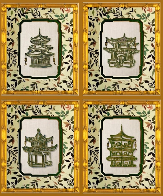 Set of Four Fine Art Posh Pagoda Prints Matted and Framed