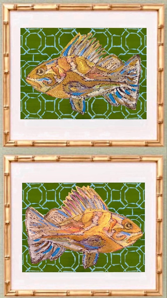 Chinoiserie Fish Art Prints: Gold Bamboo Frames, Fine Art Paper (Set of 2)
