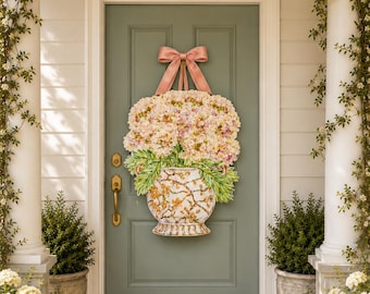 LARGE Hydrangeas in Ginger Jar Door Hanger (does NOT come with ivory bow)