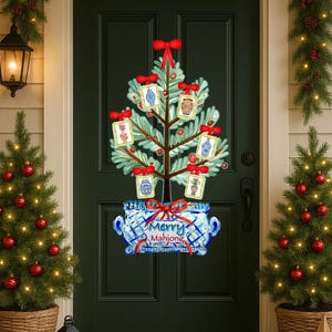 May include: A Christmas-themed door decoration featuring a tree shape adorned with framed images and red bows. The tree sits atop a blue and white patterned planter with the words "Merry Mahjong." The door is flanked by Christmas trees and gifts.