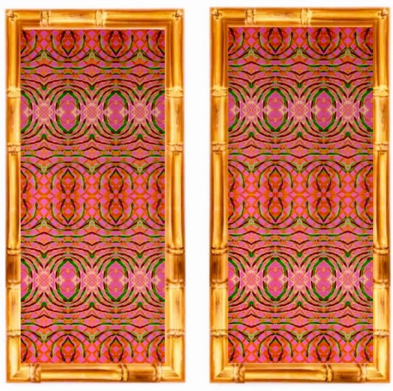 Pair of Bohemian Style Abstract Pattern Red Fine Art Prints Framed in Gold Bamboo