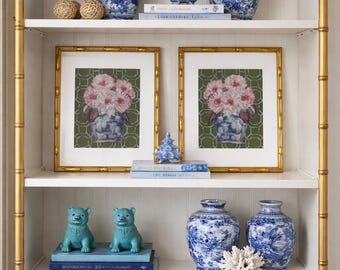 Pair of Chinoiserie Ginger Jar Florals Canvas Paper Framed Gicleè Prints in Gold Bamboo