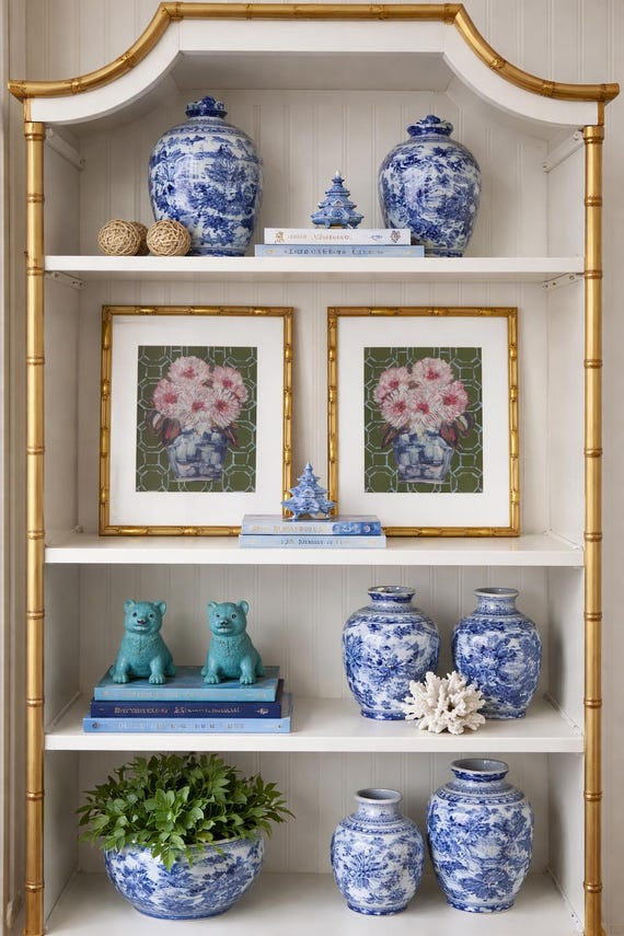 Pair of Chinoiserie Ginger Jar Florals Canvas Paper Framed Gicleè Prints in Gold Bamboo