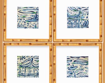 Chinois Landscape Prints: Set of Four Matted Canvas Paper Giclée Art (COME UNFRAMED)