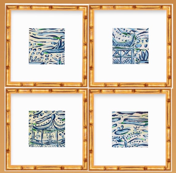Set of Four Fine Art Canvas Paper Chinois Landscape Prints Matted and Framed
