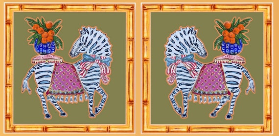 Pair of Chinois Zebra Fine Art Canvas Paper Prints Framed in Gilded Gold Bamboo