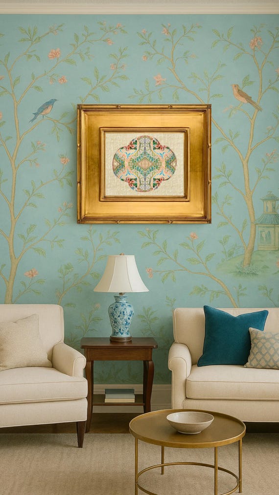 Single LARGE Fine Art Rose Medallion on Linen Style Print Framed in Exquisite Gilded Gold Leaf Wooden Museum Frame