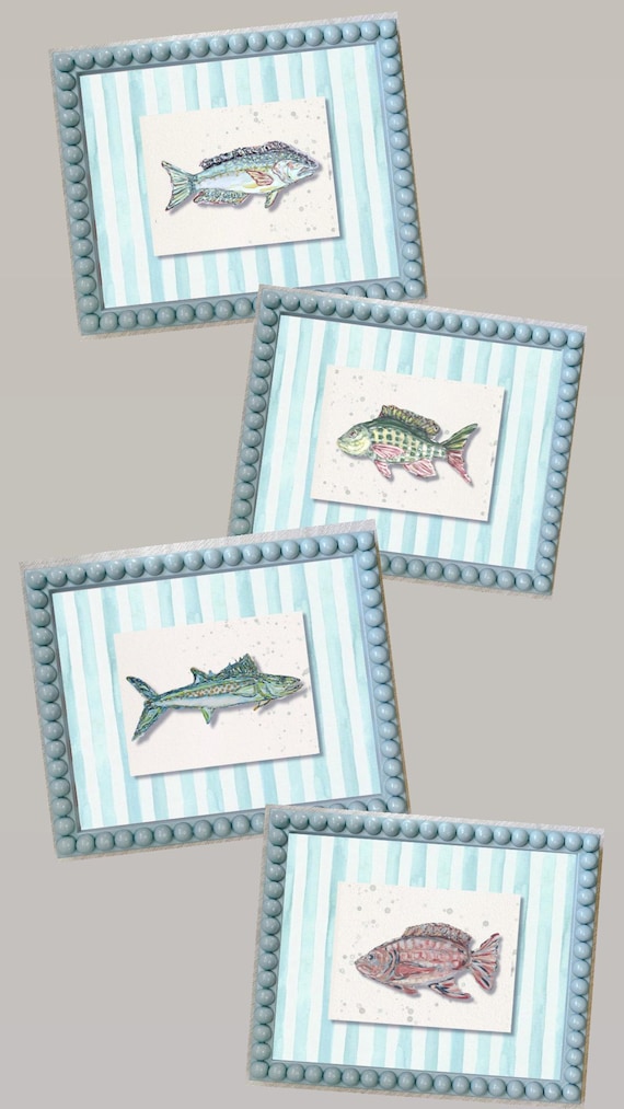 Saltwater Fish Art Prints: Set of 4 Framed Coastal Wall Decor