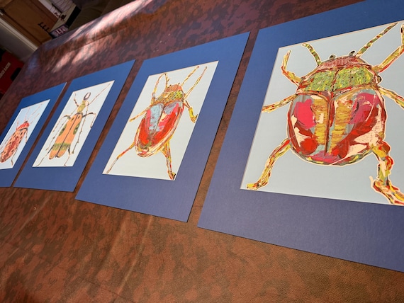 Beetle Art Prints - Royal Blue Matted Entomology Wall Art, Set of 4