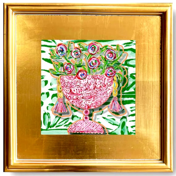 Floral Ginger Jar Canvas Print: Gilded Gold Leaf Frame