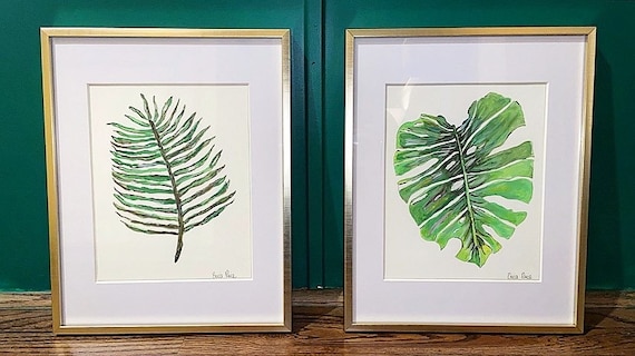 Pair of Palm Leaf Art Matted and Framed