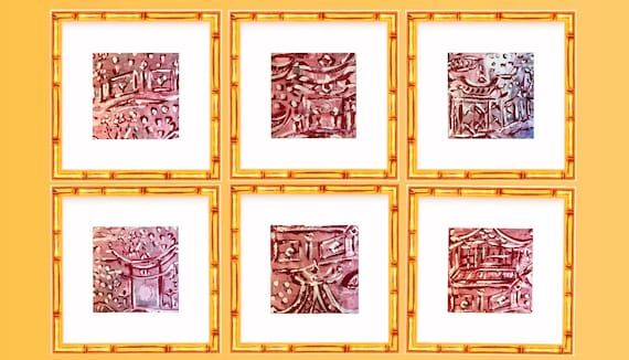 Set of Six Fine Art Canvas Paper Chinois Landscape Prints Matted and Framed