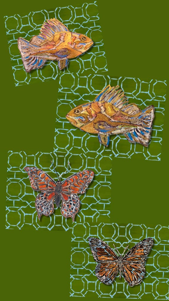 Pair of Giclée Fish or Butterfly Prints: Gold Accent Canvas Paper, Matted Set of TWO