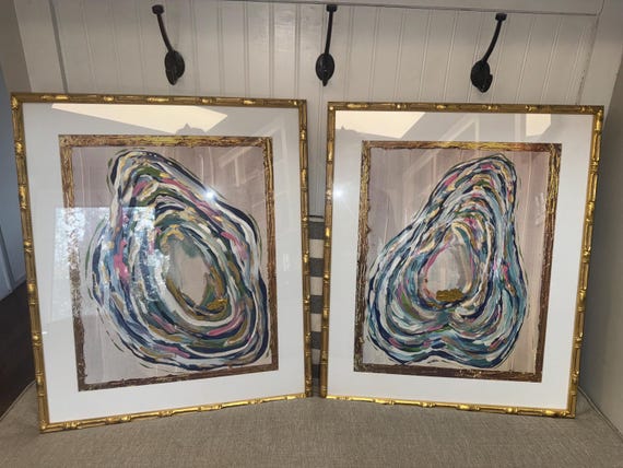 Gilded Oyster Print Pair: Extra Large Gold Bamboo Frames