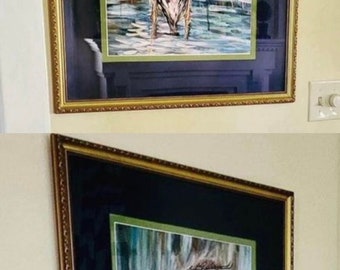 Pair of LARGE Framed Heron Fine Art Paper Prints Double Matted