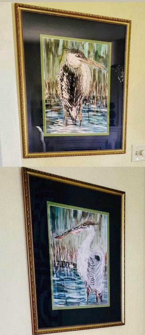 Pair of LARGE Framed Heron Fine Art Paper Prints Double Matted