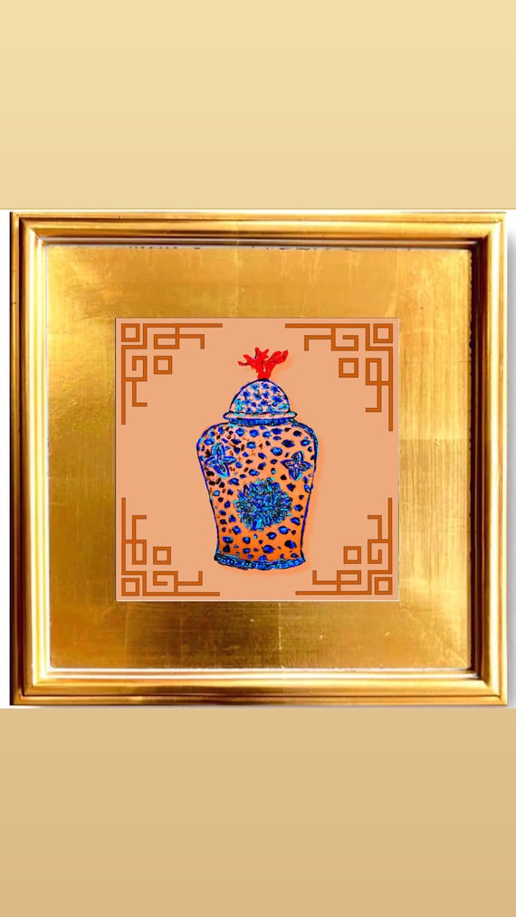 Framed Chinoiserie Ginger Jar Art Print: Gilded Gold Leaf Frame