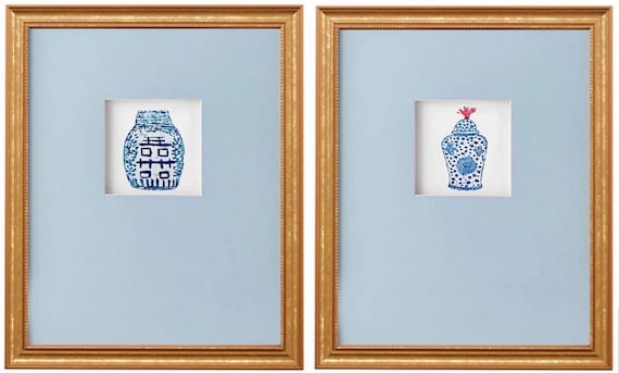 Pair of Fine Art Prints Matted in Shadowbox Style Mats with Gold Frames