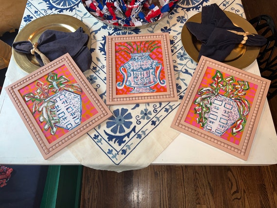 Trio of Whimsy Ginger Jars Gicleè Canvas Paper Prints Framed in Wooden Bobbin Frames