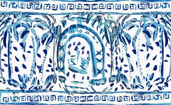 Chinois Blue and White Palm Tree Motif EXTRA LARGE 24x48 Outdoor Mat