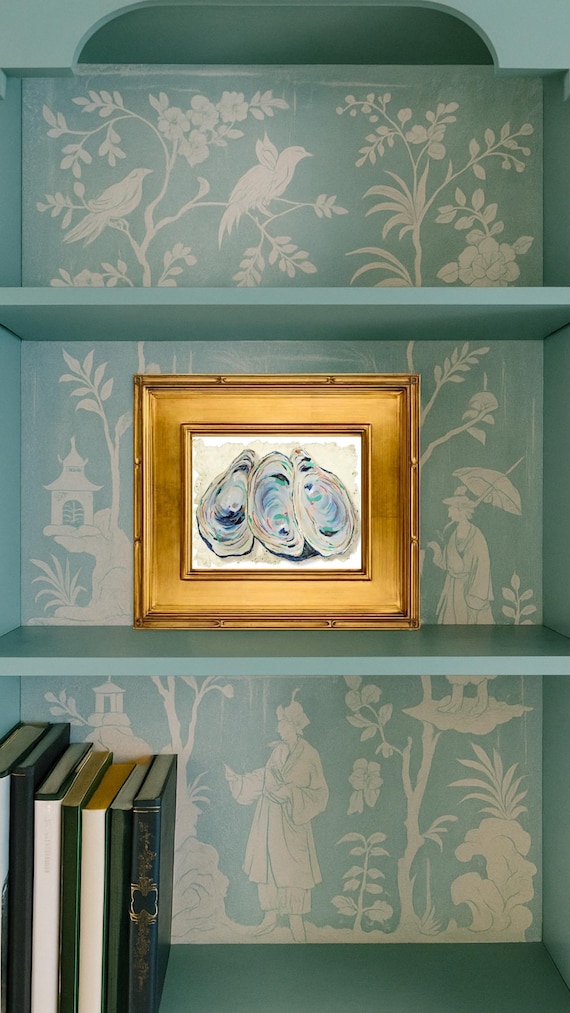 Fine Art Trio of Oysters Canvas Paper Print Framed in Exquisite Wooden Gilded Gold Leaf Frame